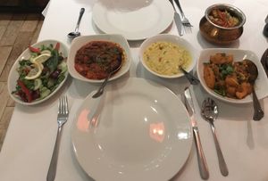 Katmandu Jerra aloo, tarka daal and rajma curry; all vegan.  at Monkey Temple in West London