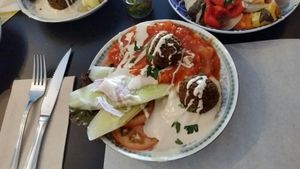 Vegan shakshuka (falafel instead of egg) at Farm Food Ink Cafe in Lisbon