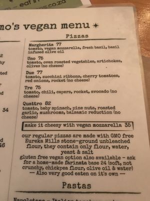 Pizza section of the vegan menu.  at Massimo's in Hout Bay