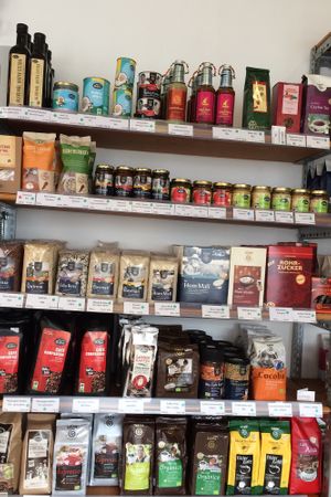 Coffee, rice, sauces, oils, pulses, sugars, coconut milk, and more — all of it Fair Trade at Eine Welt Laden in Filderstadt