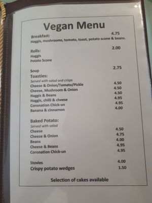 Vegan menu at Pots in Falkirk
