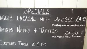 Specials board with vegan/vegetarian options  at Pots in Falkirk