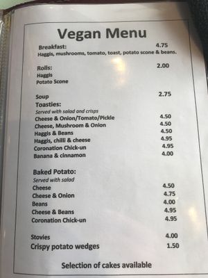 Separate Vegan menu. “Cheese” is from Violife.  at Pots in Falkirk