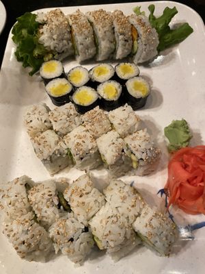 Vegan sushi rolls. Pickled yellow radish was surprisingly good!  at Sushi Yoshi in Seven Mile Beach