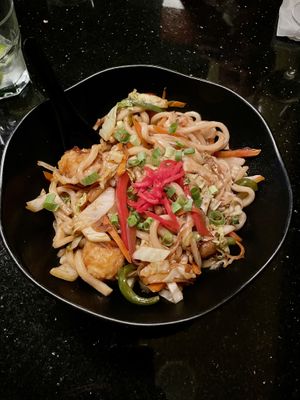 Vegan udon noodles with tofu added   at Sushi Yoshi in Seven Mile Beach