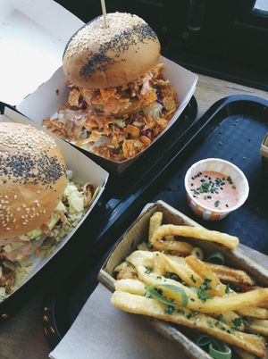 Burgers and chips  at Lekker Vegan - Harrington in Cape Town