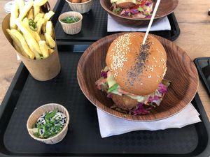Original crispy burger, chips and garlic sauce  at Lekker Vegan - Harrington in Cape Town