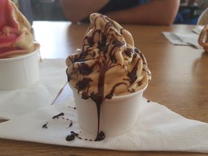 Caramel soft serve with chocolate sauce at Lekker Vegan - Harrington in Cape Town