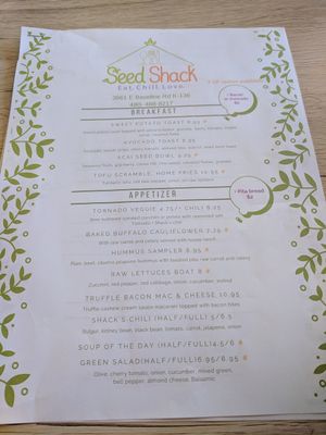 Menu at Seed Shack in Gilbert