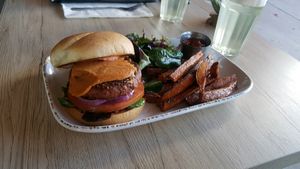 Beyond Burger with Sweet Potato Fries at Seed Shack in Gilbert
