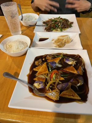 Eggplant & tofu, potstickers, and “Spicy Love"  at Jeff's Vegan in Frisco