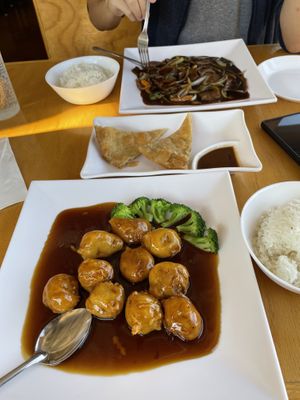 Orange passion balls, onion pancakes, and Mongolian ‘beef'  at Jeff's Vegan in Frisco