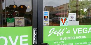 Credit card options, happy cow sticker, etc at Jeff's Vegan in Frisco