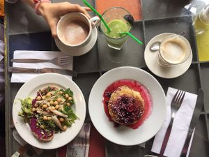 Beetroot hummus and chickpeas on toast, vegan coconut pancakes (so so so good!)  at The Handle Bar in Oxford