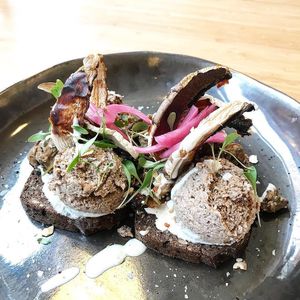 O P E N S A N D W I C H 2x mushroom paté @plantpowerfood_cph #plantpowerfood #smørrebrød at Plant Power Food in Copenhagen
