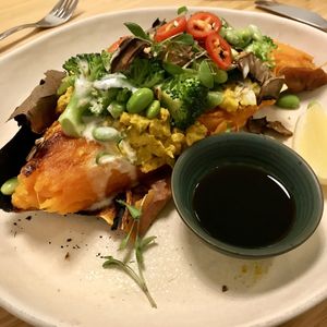 Baked Sweet Potato with veggies and trimmings at Plant Power Food in Copenhagen