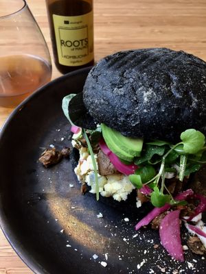 Black bun sandwich  at Plant Power Food in Copenhagen