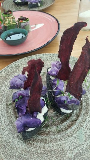 purple potatoes with cream "cheese"  at Plant Power Food in Copenhagen