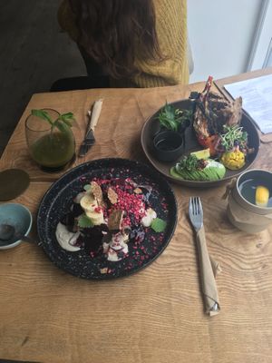 Pancakes and the brunch plate  at Plant Power Food in Copenhagen