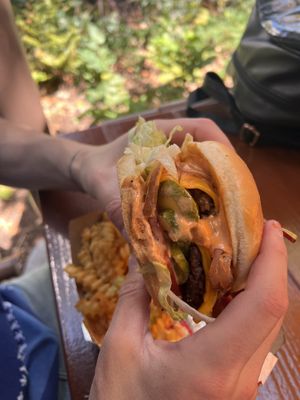 Vegan burger- impossible, double patty. All vegan cheese and sauce!!!  at Disneyland - Smokejumpers Grill in Anaheim