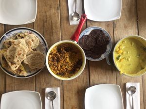 Sri Lankan food made at the cooking class. Two dinners each week are Sri Lankan cuisine made by the wife of the owner. She also runs the cooking class.  at Green Peace Inn in Weligama