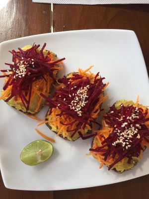 Hummus toast with shredded beet and carrot.   at Green Peace Inn in Weligama