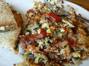hash browns with tofu scramble  at Village Smithy in Carbondale