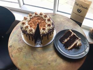 Chocolate caramel cake vegan at Cafe Piccolo in Weymouth