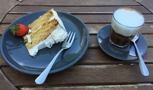 Vegan caramel cake & a double macchiato with oat milk at Cafe Piccolo in Weymouth