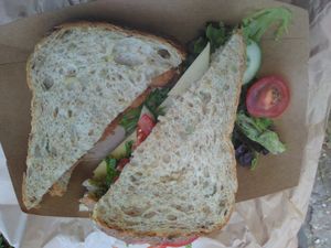 Vegan cheese and sausage sandwich On the go at Cafe Piccolo in Weymouth