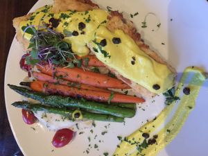 Tofu with mashed potatoes and veggies at Seasons Plant Based Kitchen in Salt Lake City