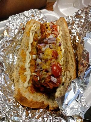 Vegan meatless ball sub fully garnished Vegan soy free mayonaise at Pop Culture Vegan Cafe in Detroit