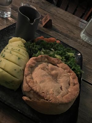 Vegan pie, mash and roasted vegetables- delicious !  at The Dancing Man Brewery in Southampton