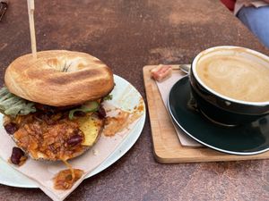 Jackfruit nachos bagel and cappuccino with soy milk  at Li O Lait in Bruges