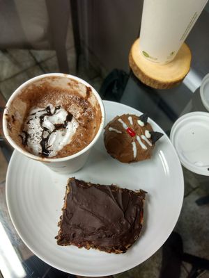 Hot chocolate, peanut butter nanaimo bar and muffic. Vegan. at VegaBoo Cat Haven in Regina