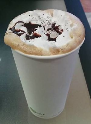 "Meowcha" (mocha with coconut whipped cream) at VegaBoo Cat Haven in Regina