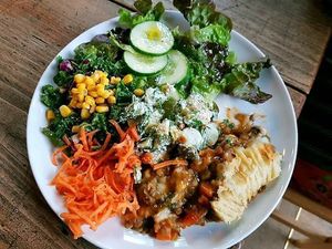 a lovely vegan meal :) at World Peace Cafe in Huddersfield