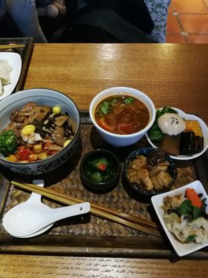 Beancurd, mushrooms+rice set for 250 NT$ (Do not recommend) at Flower Space 花草空間 - HuāCǎo KōngJiān in Hualien