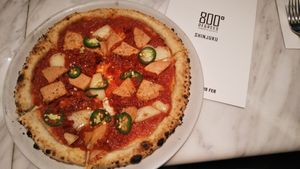 Soy cheese, soy salami, jalapeno at 800 Degrees - Shinjuku in Tokyo