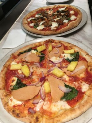 First pizza: margarita pizza with eggplant and mushrooms. Second pizza: margarita pizza with vegetarian soy “ham”, pineapples and onions.  at 800 Degrees - Shinjuku in Tokyo