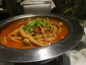 Vegan strips in a sour-spicy soup at HuaLang Vegetarian in Beijing