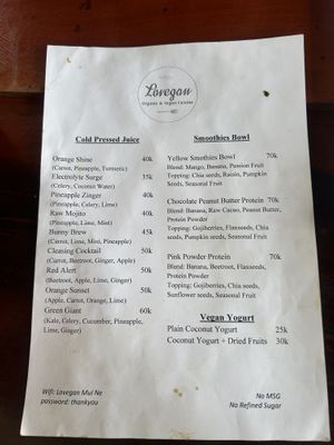 Menu  at Lovegan in Binh Thuan