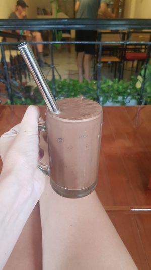 Banana peanut butter and cacao smoothie so good at Lovegan in Binh Thuan