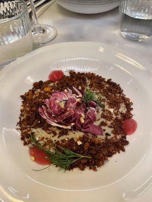 Jerusalem artichoke cream with tofu crumble and hazelnuts  at Like An Elephant in Lyon