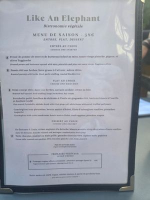 Menu at Like An Elephant in Lyon