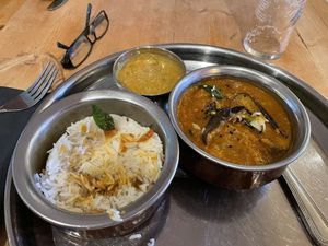 My aubergine curry  at Cafe Diwali in Salisbury
