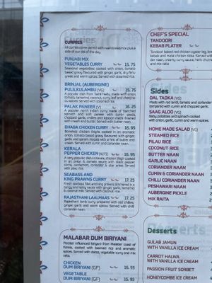 Menu for mains  at Cafe Diwali in Salisbury