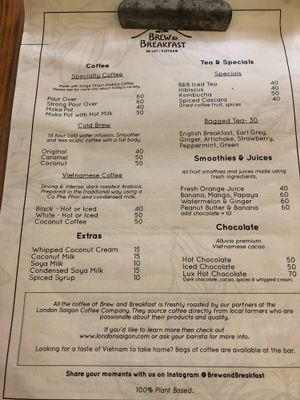 Drink menu at Brew and Breakfast in Da Lat