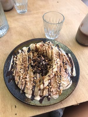 Vegan pancakes with banana, peanutbutter and chocolate at Brew and Breakfast in Da Lat