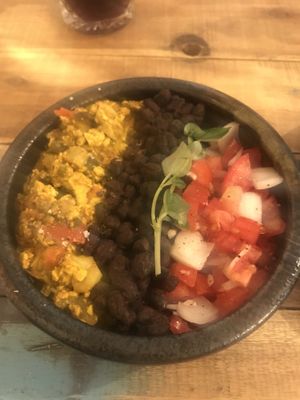 Spicy scrambled tofu breakfast bowl at Brew and Breakfast in Da Lat